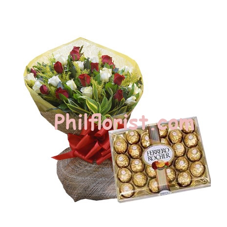 24 Red & White Roses in Bouquet w/ Ferrero Chocolate to Philippines