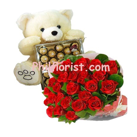24 Red Roses,Ferrero Box w/ Teddy Bear to Philippines