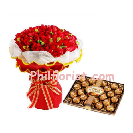 24 Red Roses Bouquet w/ Ferrero Rocher Chocolate to Philippines