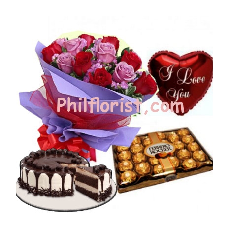12 Red & Pink Roses Bouquet,Balloon,Cake w/ Chocolate to Philippines