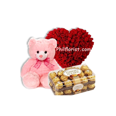 50 red heart shape roses,ferrero chocolate with pink bear to philippines