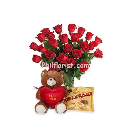 24 red roses vase,toblerone chocolate with bear send to philippines