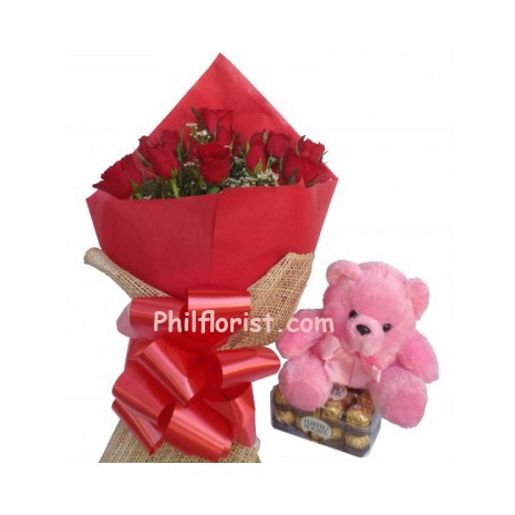12 red roses bouquet ferrero chocolate with bear send to philippines
