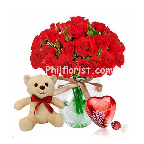 12 Red Roses in Vase,Lindt Chocolate Box with Bear Send to Philippines