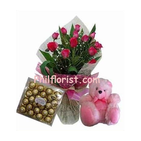 12 Pink Roses Bouquet,Ferrero Rocher with Bear Send to Philippines