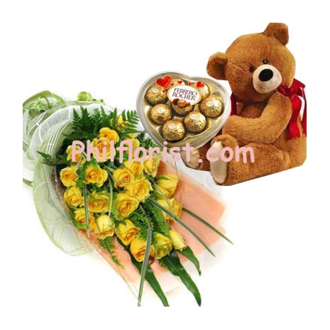 24 yellow roses in bouquet ferrero rocher box with bear send to philippines