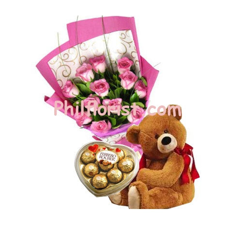 12 pink roses bouquet,ferrero rocher box with bear send to philippines