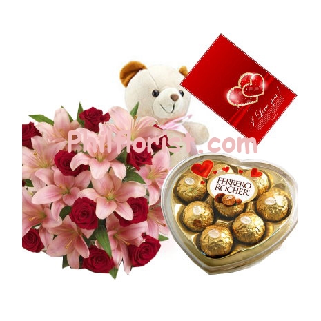 12 Red Roses & Pink Lilies Bouquet,Ferrero Rocher Box with Bear Send to Philippines