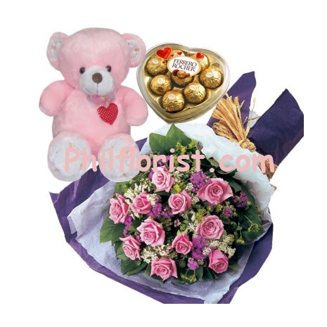 12 pink roses bouquet,ferrero heart shape box with bear send to philippines