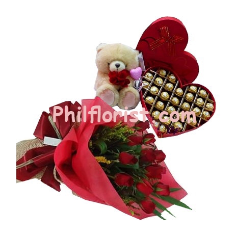12 red roses bouquet,guylian chocolate box with bear send to philippines