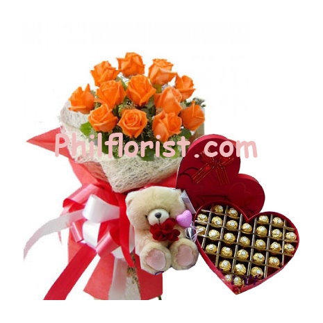 12 Orange Roses Bouquet,Guylian Chocolate W/ Bear Send to Philippines