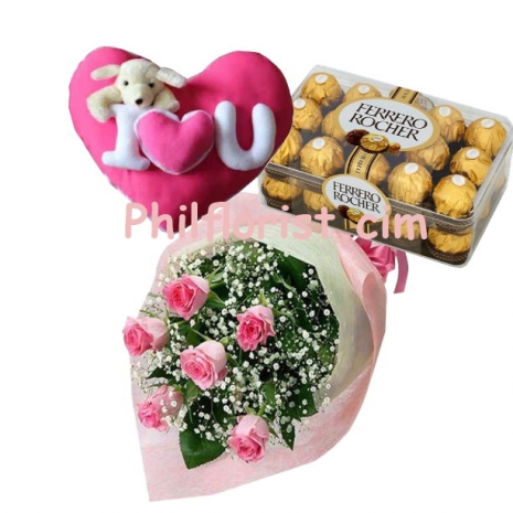 6 Pink Roses Bouquet,Ferrero Box with Pillow by Bear to Philippines