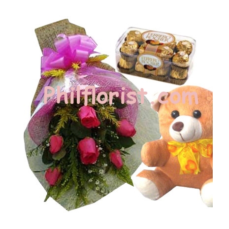 6 pink roses bouquet,ferrero rocher box with bear send to pilippines