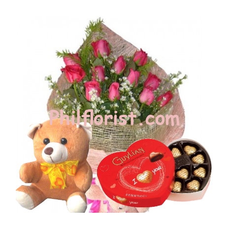 12 pink roses bouquet,guylian chocolate box with bear send to philippines