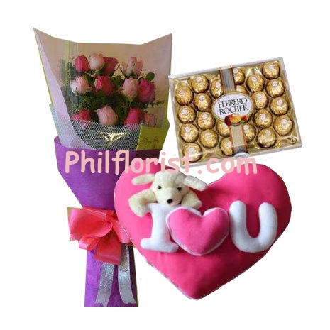 12 pink roses,ferrero box with pillow by bear huggs send to philippines