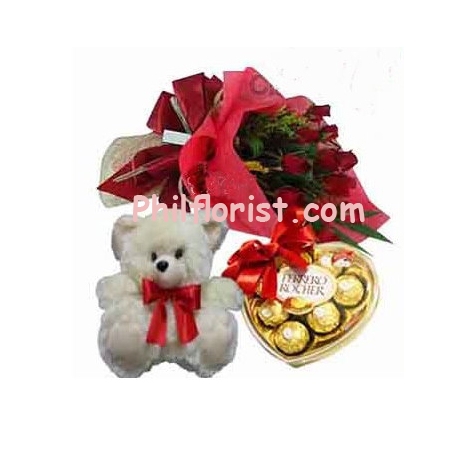 12 red roses bouquet ferrero chocolate box with bear send to philippines