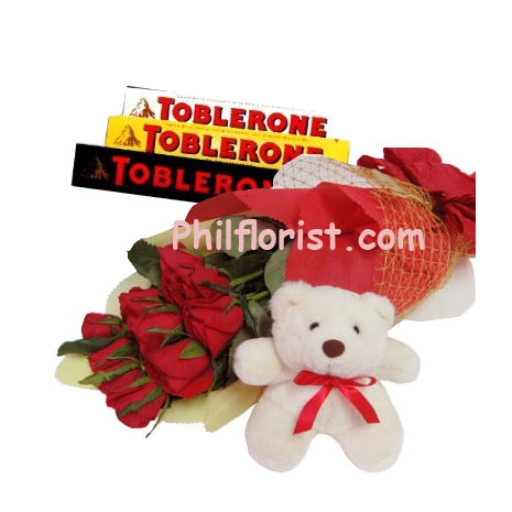 12 red roses bouquet,toblerone chocolate with bear send to philippines