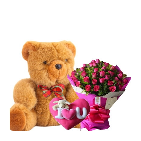 24 Pink Roses, Pillow and  Big Bear to Philippines