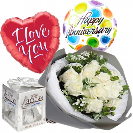 12 white roses with hershey and balloon to philippines