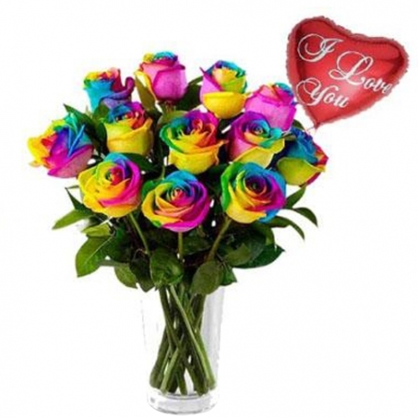 12 Rainbow Roses with balloon  to Philippines