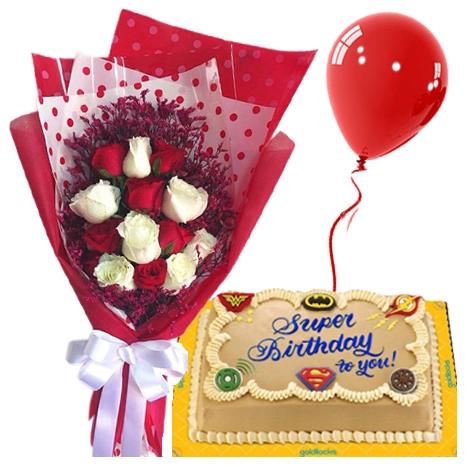 buy red and white roses bouquet with greeting cake to philippines