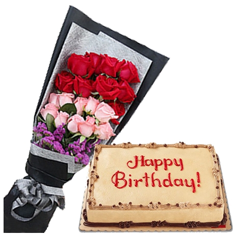 buy red pink roses in bouquet with cake to philippines