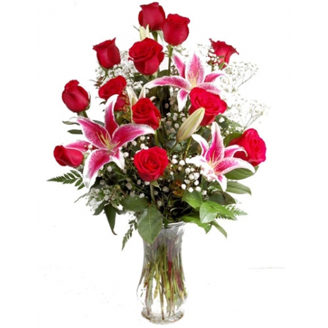 pink lilies with roses vase to philippines