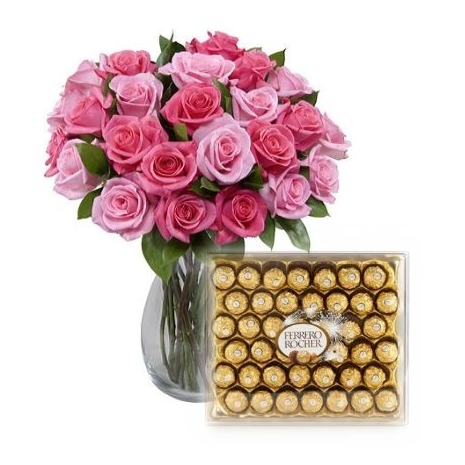 Send 12 Pink Roses in Vase with Ferrero Rocher- 40 pcs Chocolates to Philippines