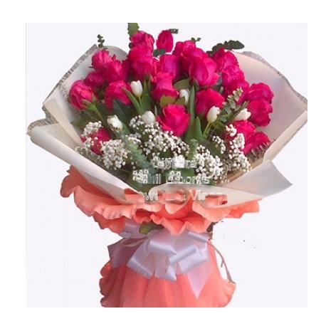 buy 24 pink roses bouquet with greenery to philippines