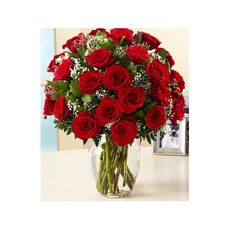24 Red Roses in Vase with Greenery