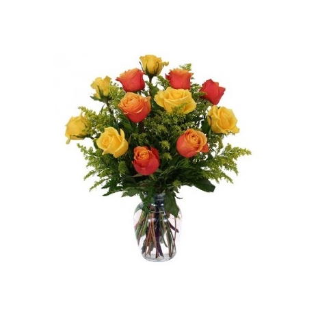 6 Yellow & 6 Orange Roses in Vase with Greenery