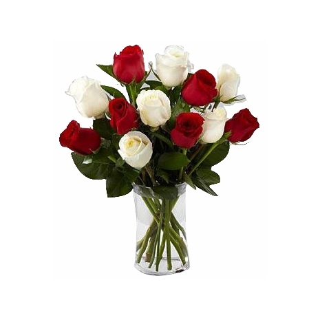 6 White & 6 Red Roses in Vase
