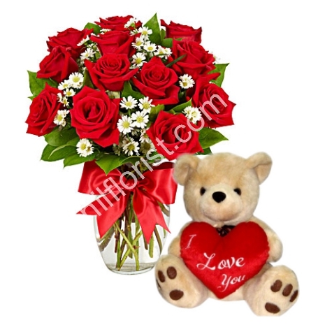 send 12 red roses in vase with bear to philippines