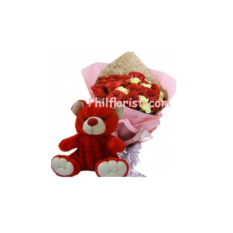 12 red and yellow color roses bouquet with red bear to philippines