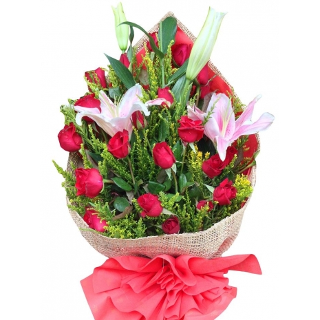 24 Red Roses Bouquet with Stargazer