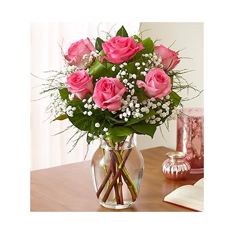 6 Pink Roses in Vase with Greenery