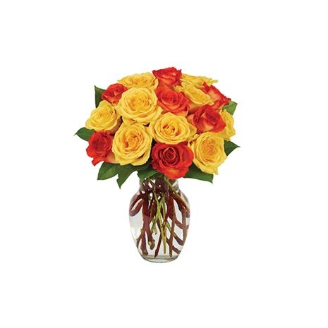 18 Oranga & Yellow Roses in Vase