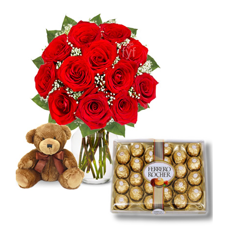 12 Red Roses vase,Ferrero chocolte box with mini Bear To Philippines