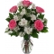 6 Pink Roses with Seasonal Flowers in Vase