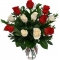12 Red & White Roses in Vase with Greenery