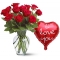 12 Red Roses in Vase with I Love You Balloon